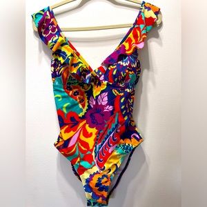Tahari bright multicolored one piece ruffle swimsuit in size medium.